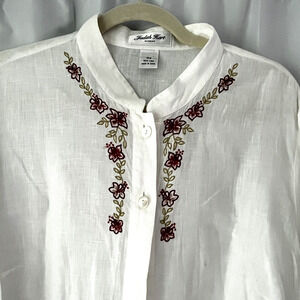 Womens Blouse Top SZ16 100% Linen White Embroidered Cottagecore Shabby Chic